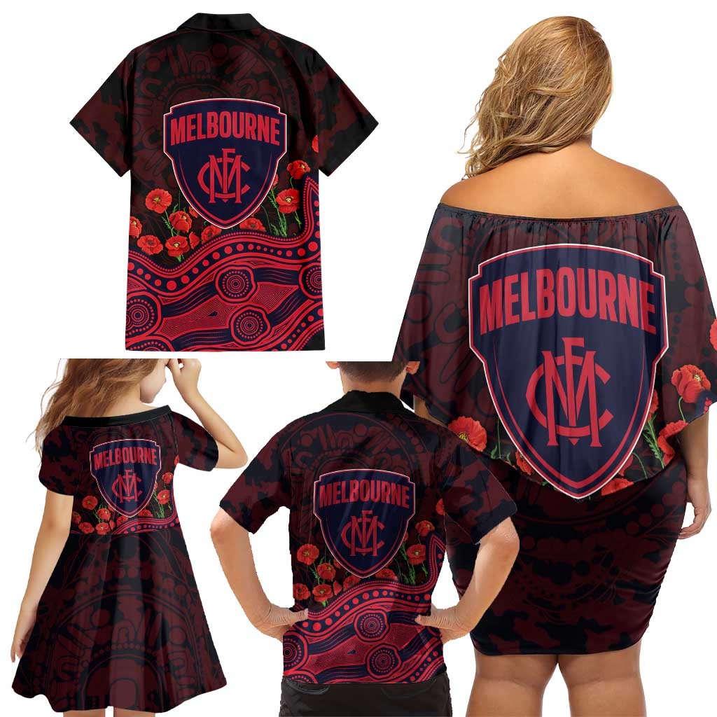 Melbourne Demons ANZAC Day Family Matching Off Shoulder Short Dress and Hawaiian Shirt Indigenous Dot Art with Poppy Flower Tribute