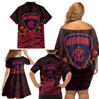 Melbourne Demons ANZAC Day Family Matching Off Shoulder Short Dress and Hawaiian Shirt Indigenous Dot Art with Poppy Flower Tribute