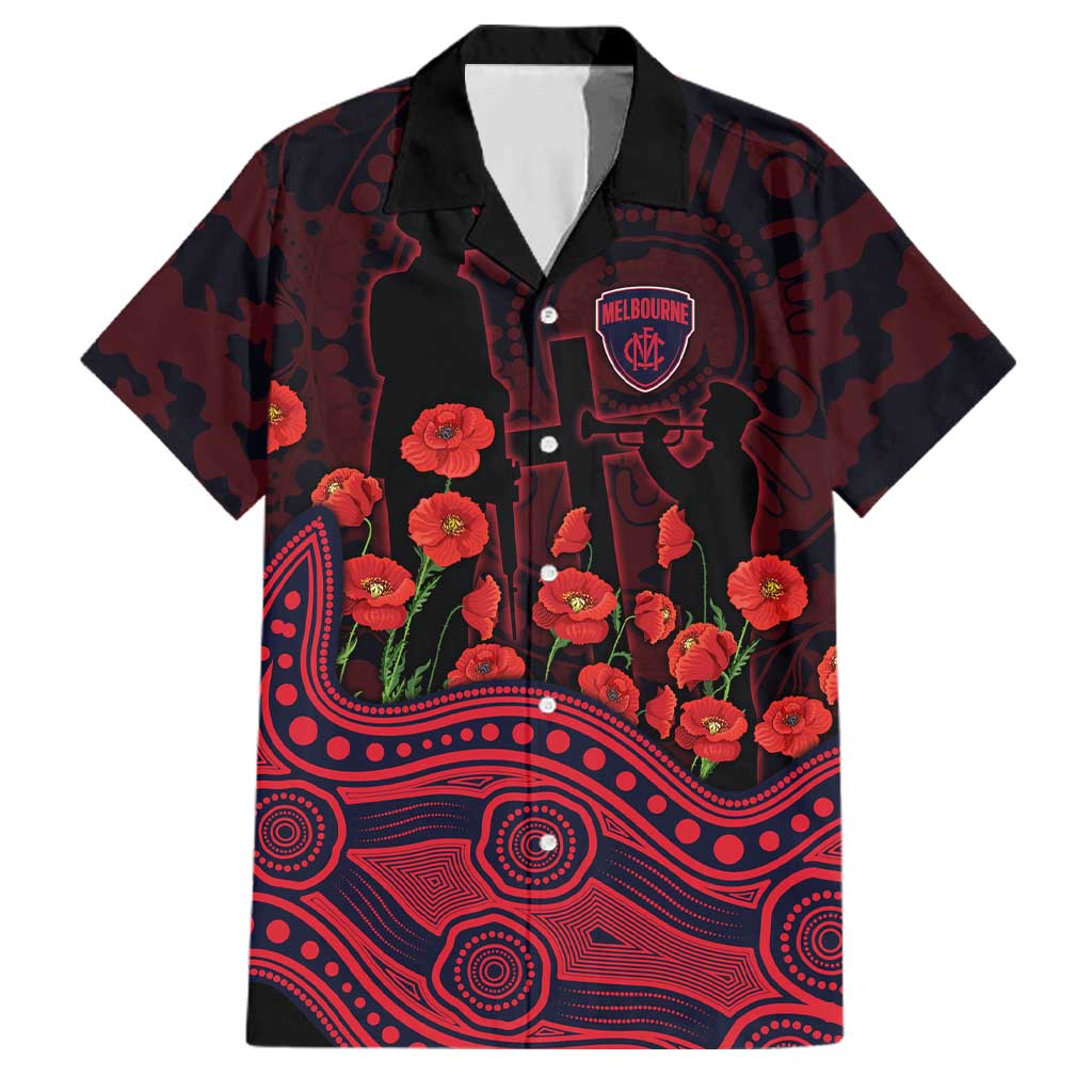 Melbourne Demons ANZAC Day Family Matching Off Shoulder Short Dress and Hawaiian Shirt Indigenous Dot Art with Poppy Flower Tribute