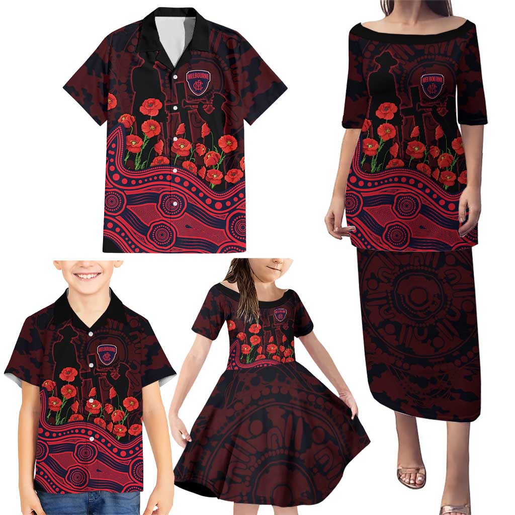 Melbourne Demons ANZAC Day Family Matching Puletasi and Hawaiian Shirt Indigenous Dot Art with Poppy Flower Tribute