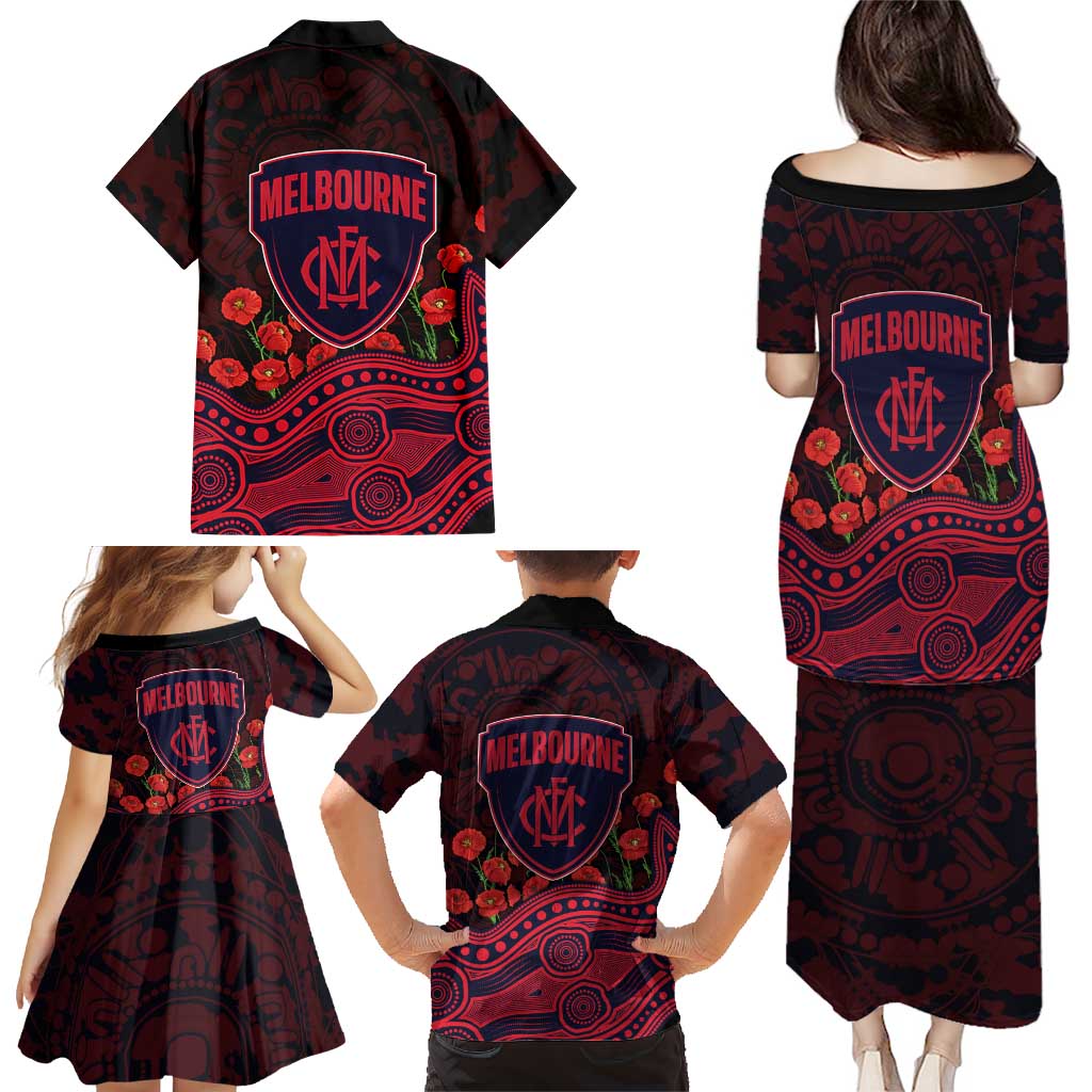 Melbourne Demons ANZAC Day Family Matching Puletasi and Hawaiian Shirt Indigenous Dot Art with Poppy Flower Tribute