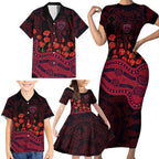 Melbourne Demons ANZAC Day Family Matching Short Sleeve Bodycon Dress and Hawaiian Shirt Indigenous Dot Art with Poppy Flower Tribute