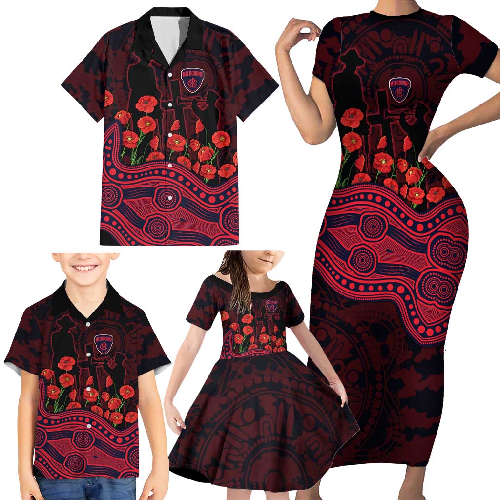 Melbourne Demons ANZAC Day Family Matching Short Sleeve Bodycon Dress and Hawaiian Shirt Indigenous Dot Art with Poppy Flower Tribute