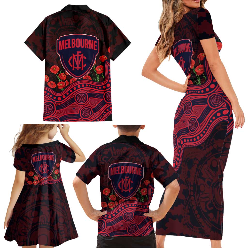 Melbourne Demons ANZAC Day Family Matching Short Sleeve Bodycon Dress and Hawaiian Shirt Indigenous Dot Art with Poppy Flower Tribute