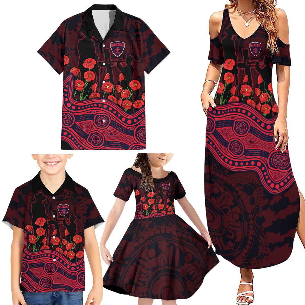 Melbourne Demons ANZAC Day Family Matching Summer Maxi Dress and Hawaiian Shirt Indigenous Dot Art with Poppy Flower Tribute