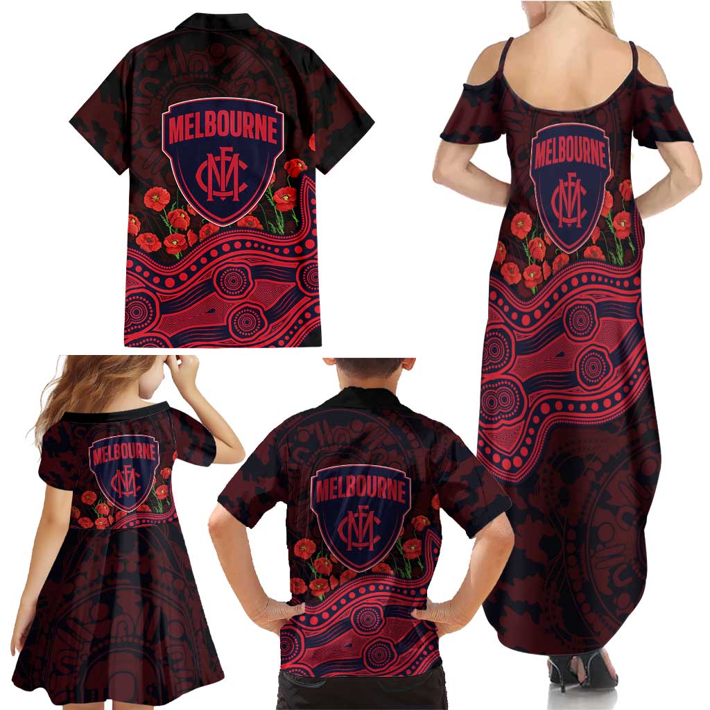 Melbourne Demons ANZAC Day Family Matching Summer Maxi Dress and Hawaiian Shirt Indigenous Dot Art with Poppy Flower Tribute