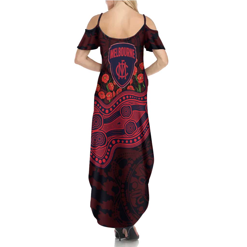 Melbourne Demons ANZAC Day Family Matching Summer Maxi Dress and Hawaiian Shirt Indigenous Dot Art with Poppy Flower Tribute