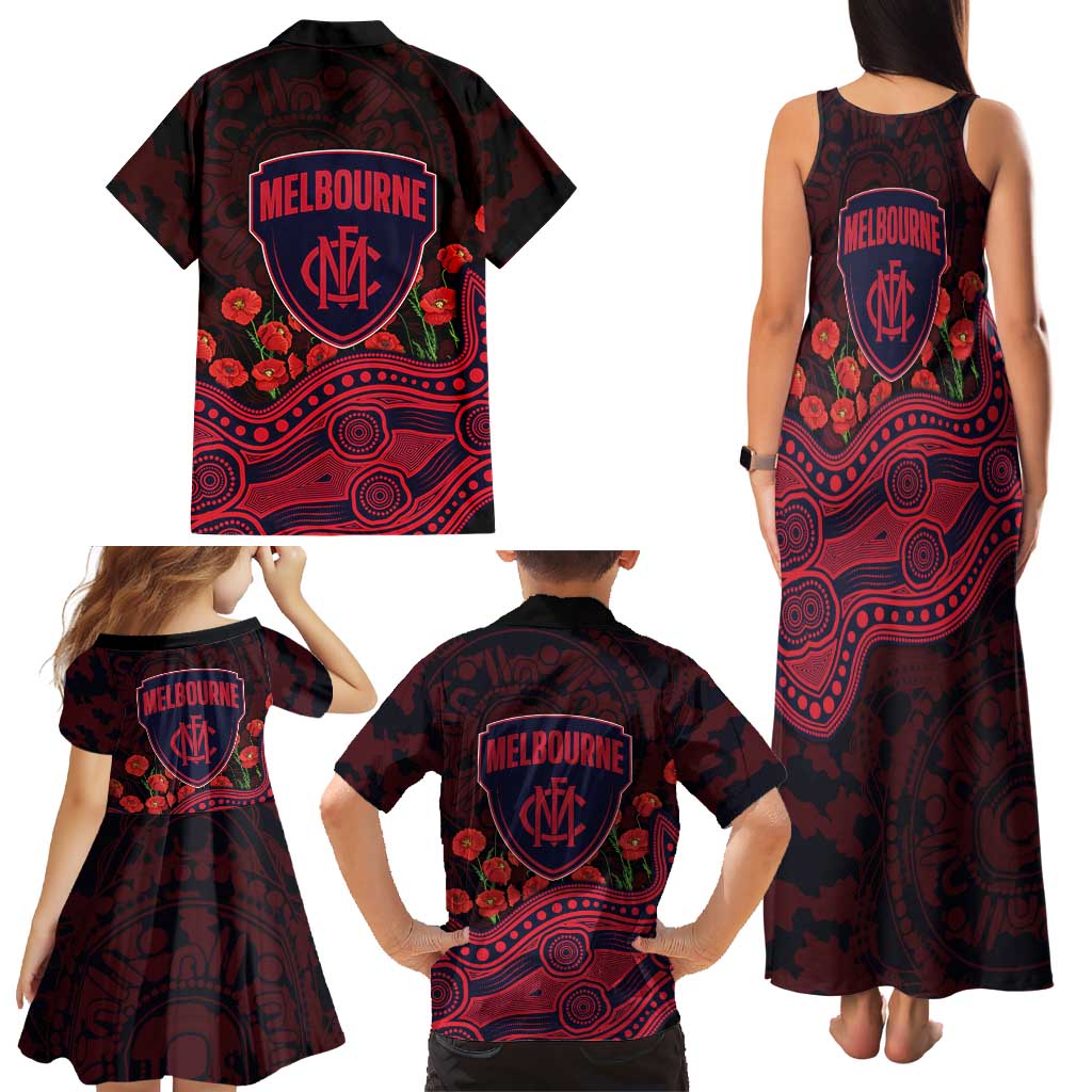 Melbourne Demons ANZAC Day Family Matching Tank Maxi Dress and Hawaiian Shirt Indigenous Dot Art with Poppy Flower Tribute