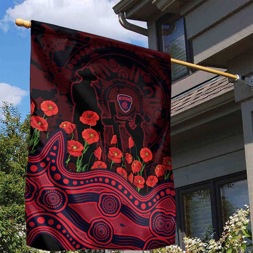 Melbourne Demons ANZAC Day Garden Flag Indigenous Dot Art with Poppy Flower Tribute