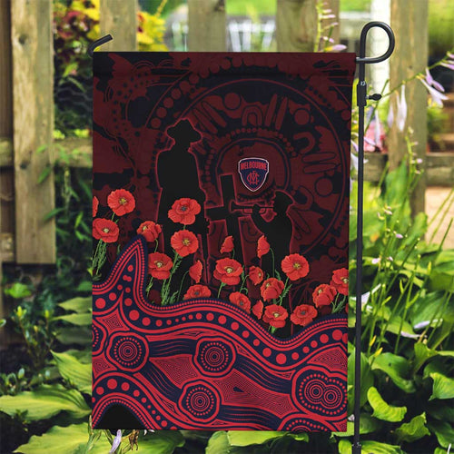 Melbourne Demons ANZAC Day Garden Flag Indigenous Dot Art with Poppy Flower Tribute