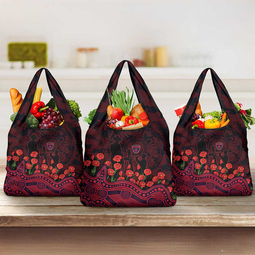 Melbourne Demons ANZAC Day Grocery Bag Indigenous Dot Art with Poppy Flower Tribute