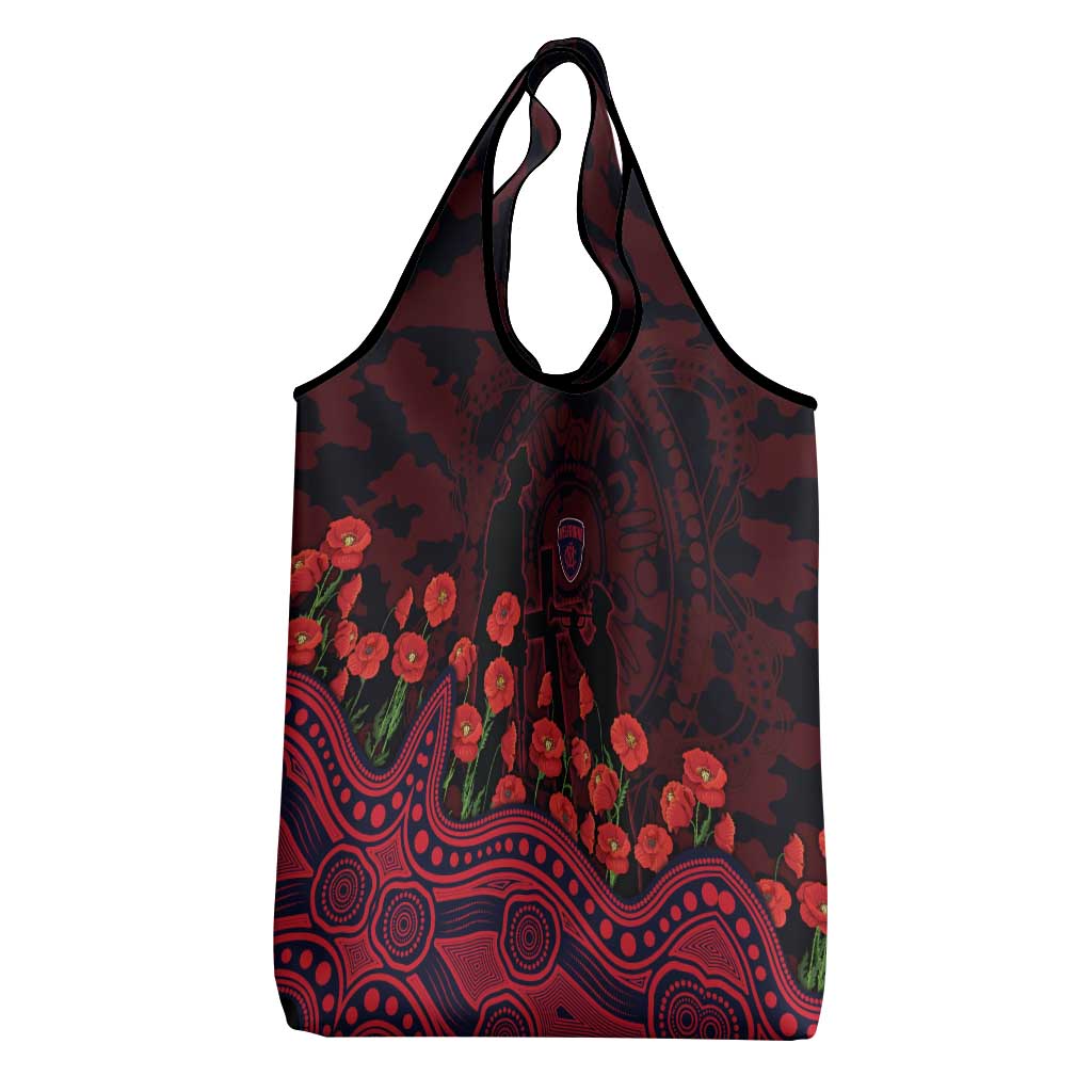 Melbourne Demons ANZAC Day Grocery Bag Indigenous Dot Art with Poppy Flower Tribute