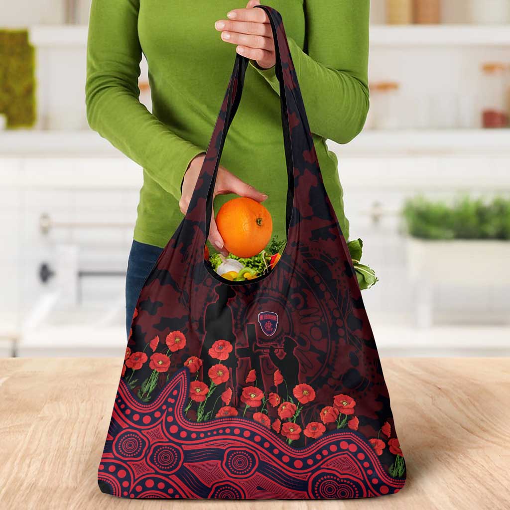 Melbourne Demons ANZAC Day Grocery Bag Indigenous Dot Art with Poppy Flower Tribute