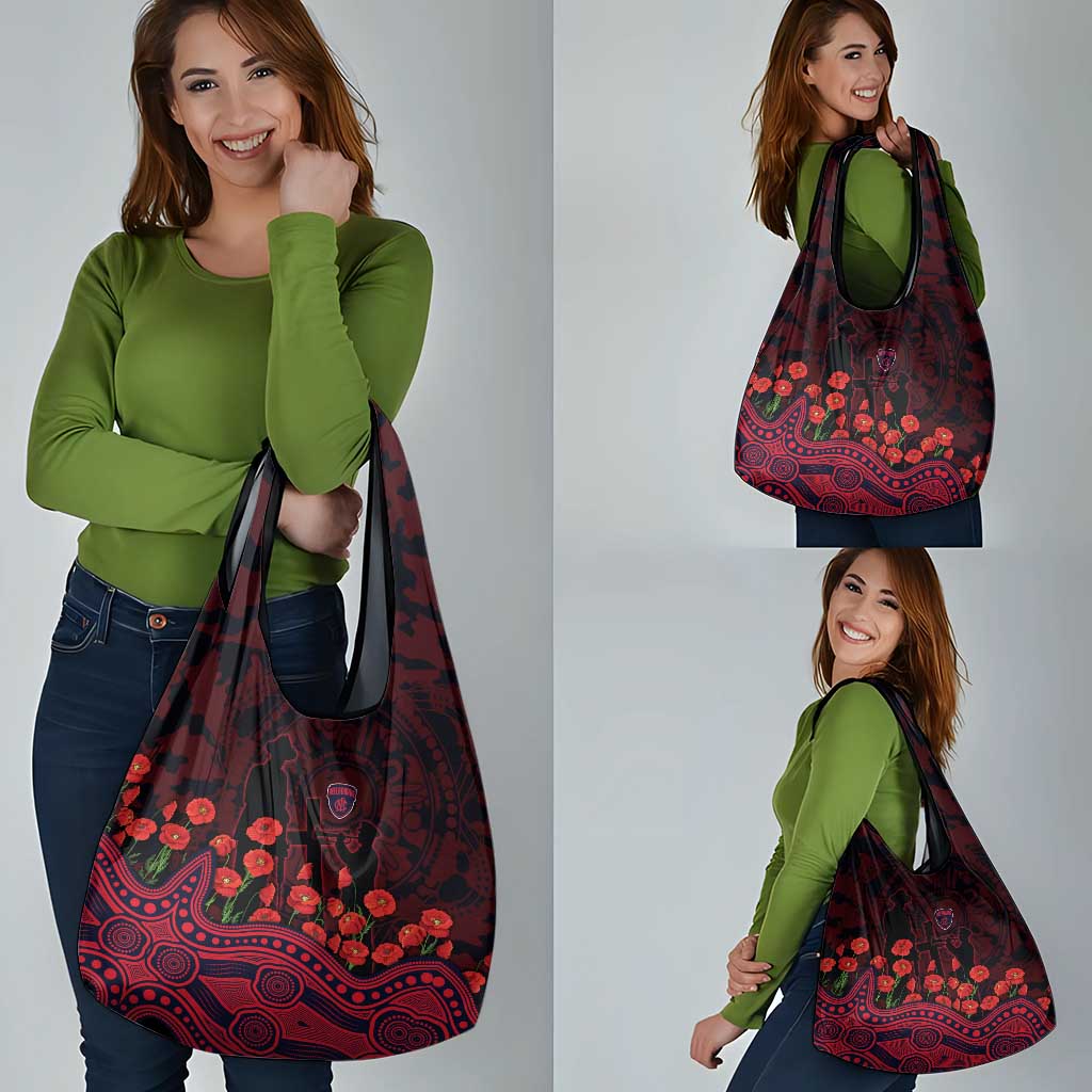 Melbourne Demons ANZAC Day Grocery Bag Indigenous Dot Art with Poppy Flower Tribute