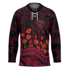 Melbourne Demons ANZAC Day Hockey Jersey Indigenous Dot Art with Poppy Flower Tribute