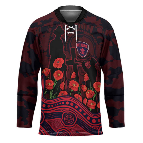 Melbourne Demons ANZAC Day Hockey Jersey Indigenous Dot Art with Poppy Flower Tribute