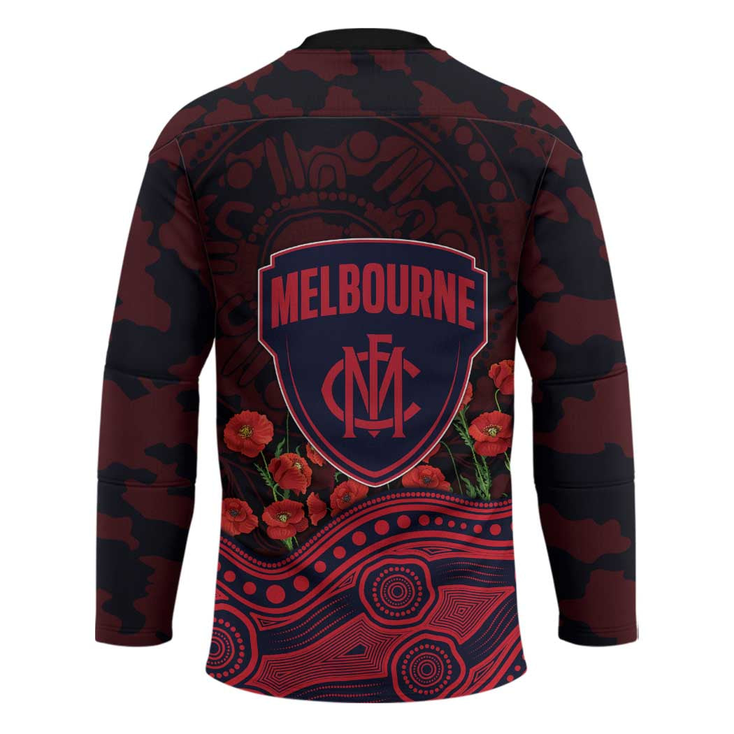 Melbourne Demons ANZAC Day Hockey Jersey Indigenous Dot Art with Poppy Flower Tribute