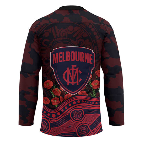 Melbourne Demons ANZAC Day Hockey Jersey Indigenous Dot Art with Poppy Flower Tribute