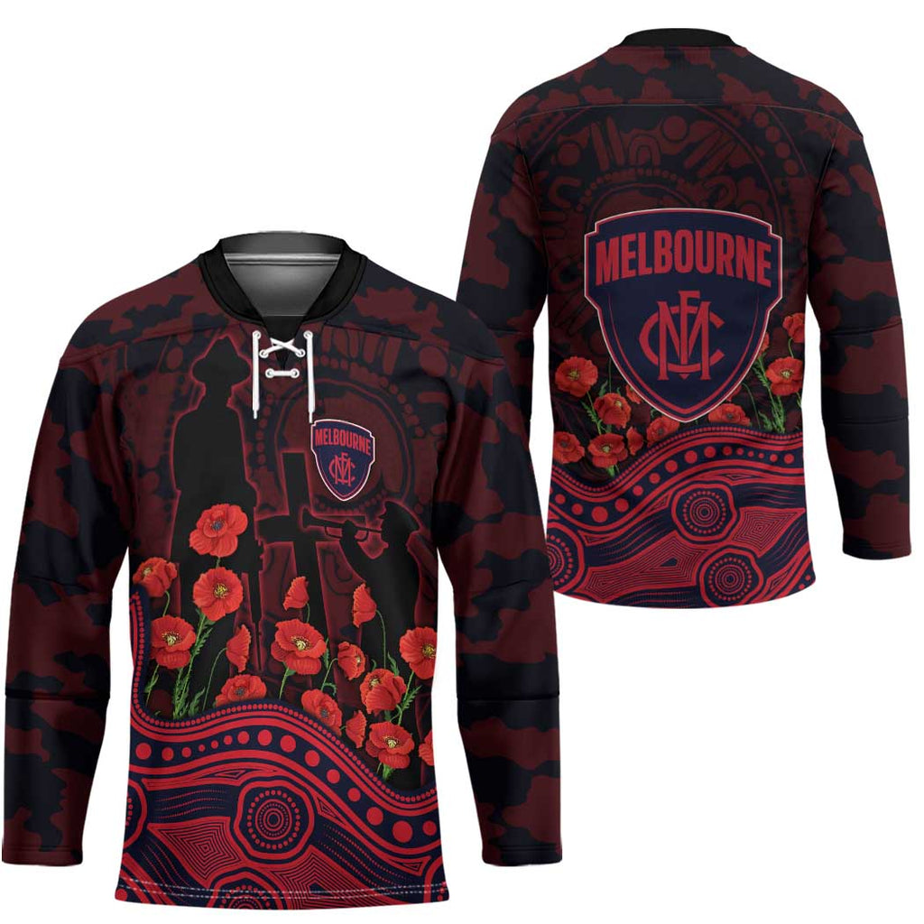 Melbourne Demons ANZAC Day Hockey Jersey Indigenous Dot Art with Poppy Flower Tribute