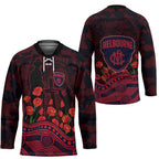 Melbourne Demons ANZAC Day Hockey Jersey Indigenous Dot Art with Poppy Flower Tribute