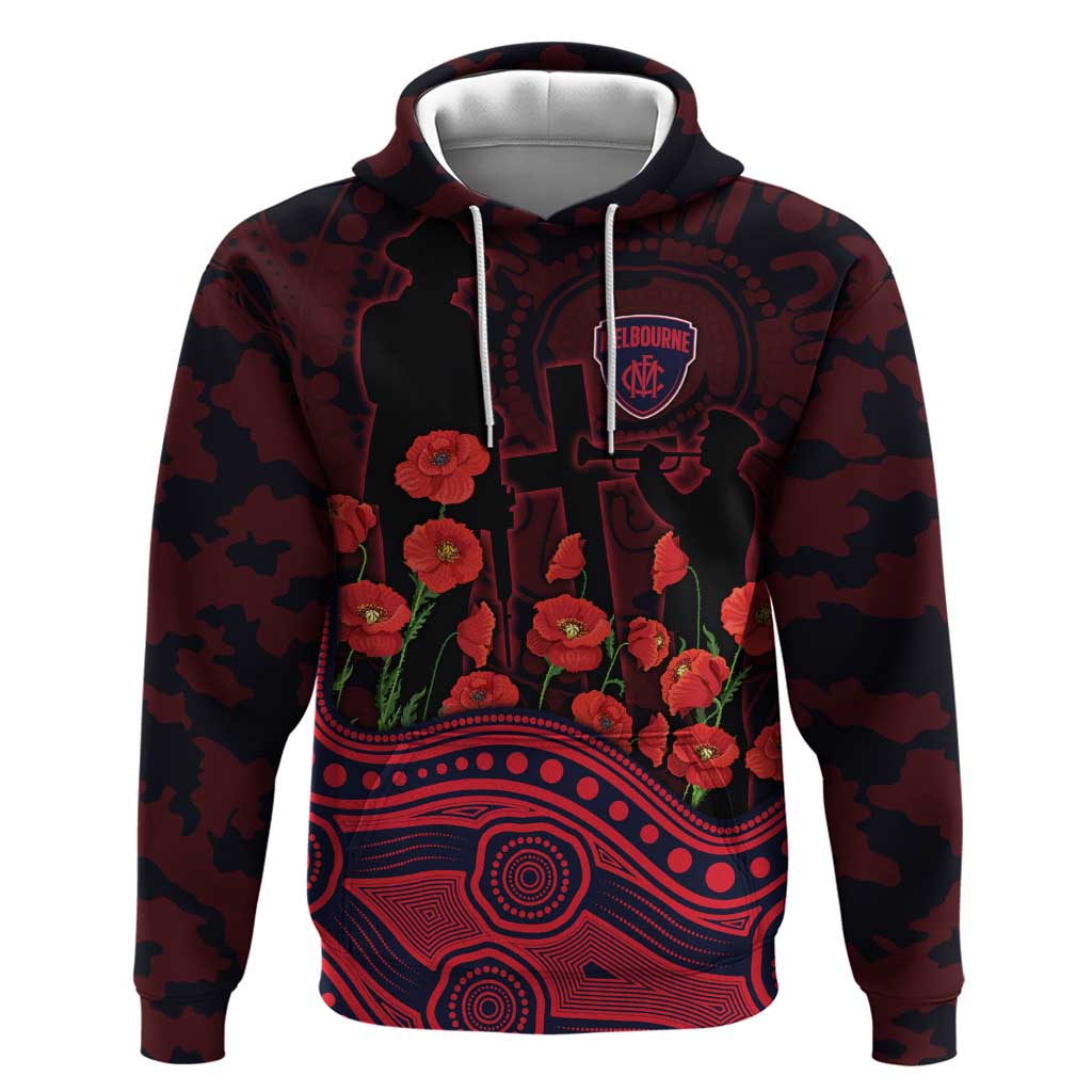 Melbourne Demons ANZAC Day Hoodie Indigenous Dot Art with Poppy Flower Tribute