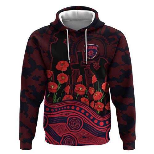 Melbourne Demons ANZAC Day Hoodie Indigenous Dot Art with Poppy Flower Tribute