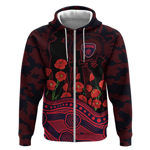 Melbourne Demons ANZAC Day Hoodie Indigenous Dot Art with Poppy Flower Tribute
