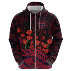 Melbourne Demons ANZAC Day Hoodie Indigenous Dot Art with Poppy Flower Tribute