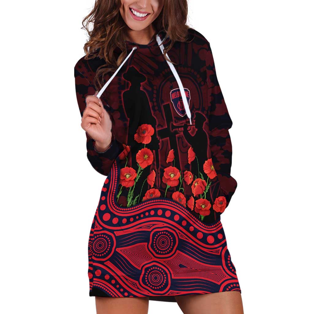 Melbourne Demons ANZAC Day Hoodie Dress Indigenous Dot Art with Poppy Flower Tribute
