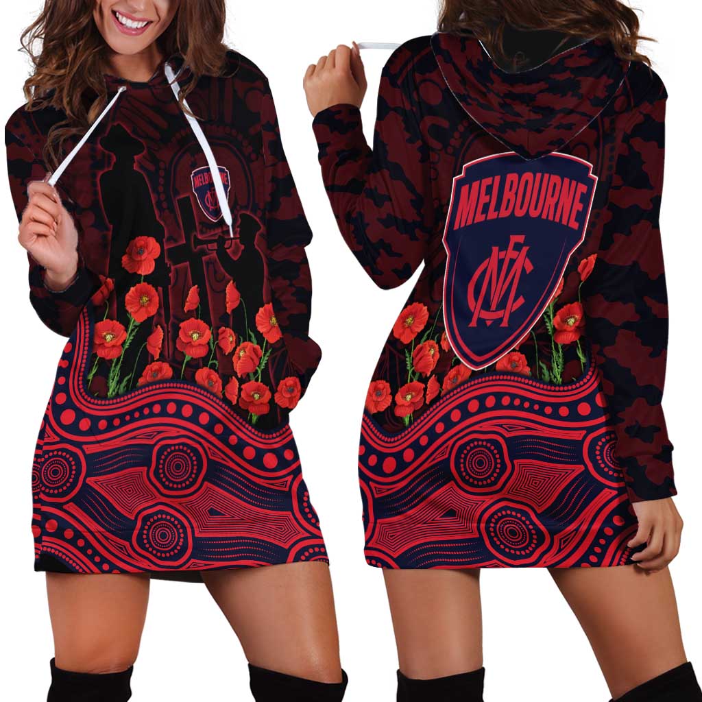 Melbourne Demons ANZAC Day Hoodie Dress Indigenous Dot Art with Poppy Flower Tribute