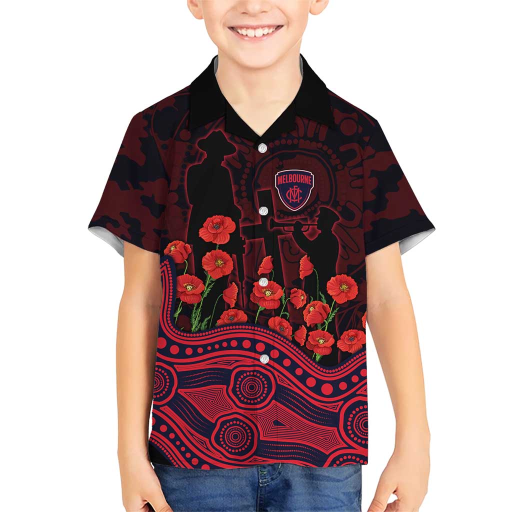 Melbourne Demons ANZAC Day Kid Hawaiian Shirt Indigenous Dot Art with Poppy Flower Tribute