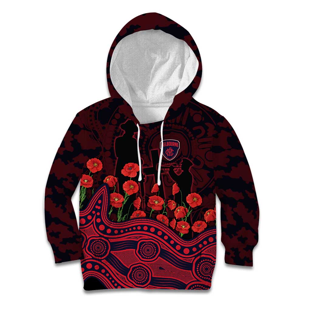 Melbourne Demons ANZAC Day Kid Hoodie Indigenous Dot Art with Poppy Flower Tribute