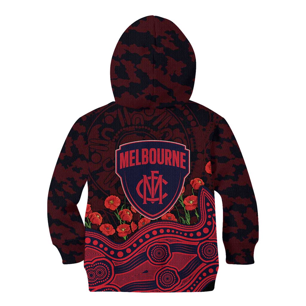 Melbourne Demons ANZAC Day Kid Hoodie Indigenous Dot Art with Poppy Flower Tribute