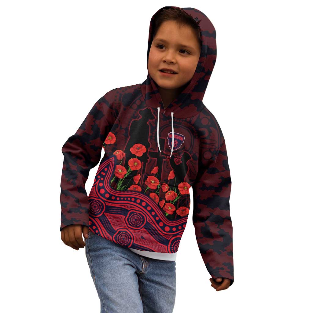 Melbourne Demons ANZAC Day Kid Hoodie Indigenous Dot Art with Poppy Flower Tribute