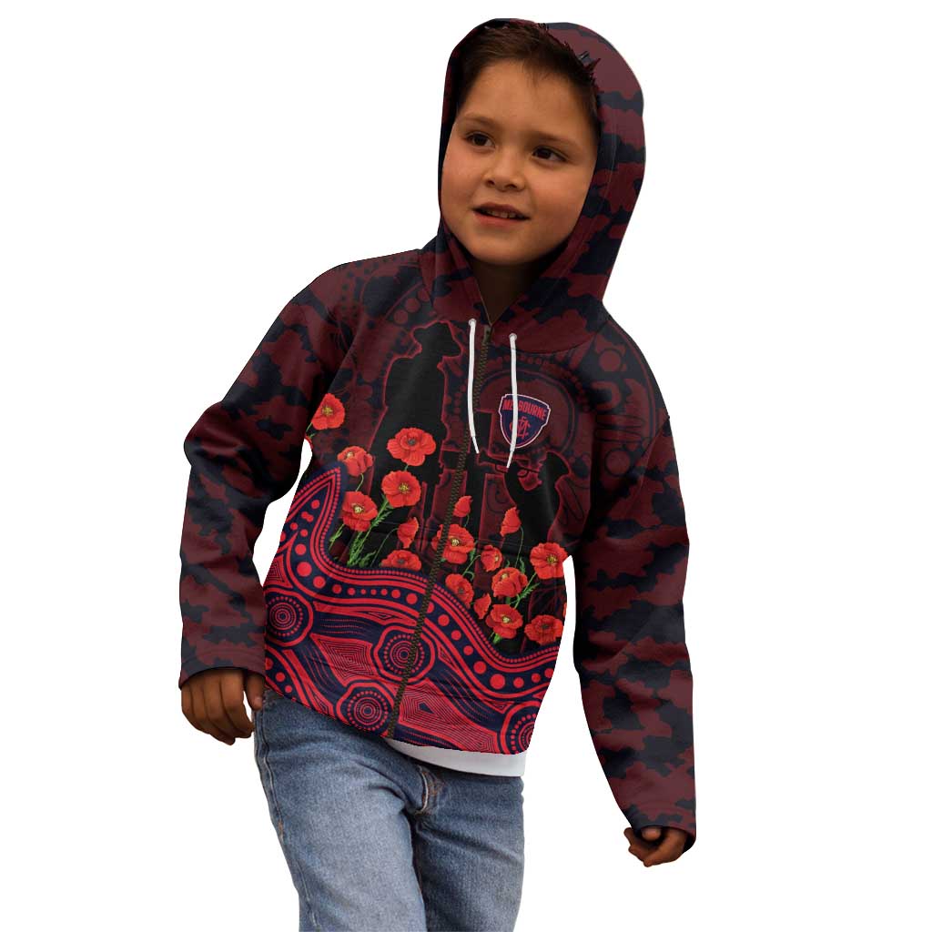 Melbourne Demons ANZAC Day Kid Hoodie Indigenous Dot Art with Poppy Flower Tribute