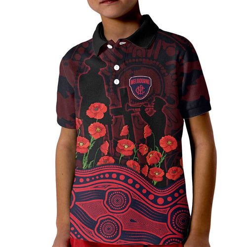 Melbourne Demons ANZAC Day Kid Polo Shirt Indigenous Dot Art with Poppy Flower Tribute