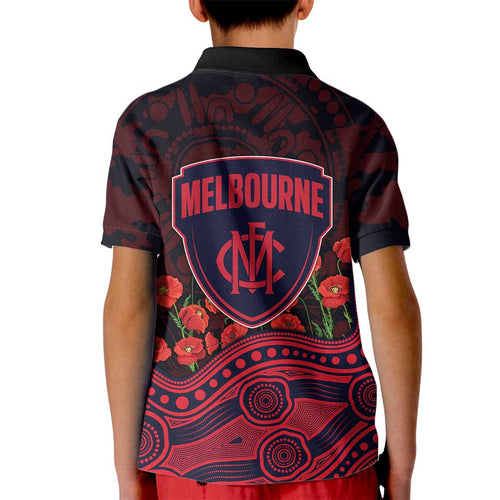 Melbourne Demons ANZAC Day Kid Polo Shirt Indigenous Dot Art with Poppy Flower Tribute