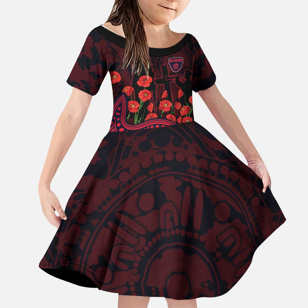 Melbourne Demons ANZAC Day Kid Short Sleeve Dress Indigenous Dot Art with Poppy Flower Tribute