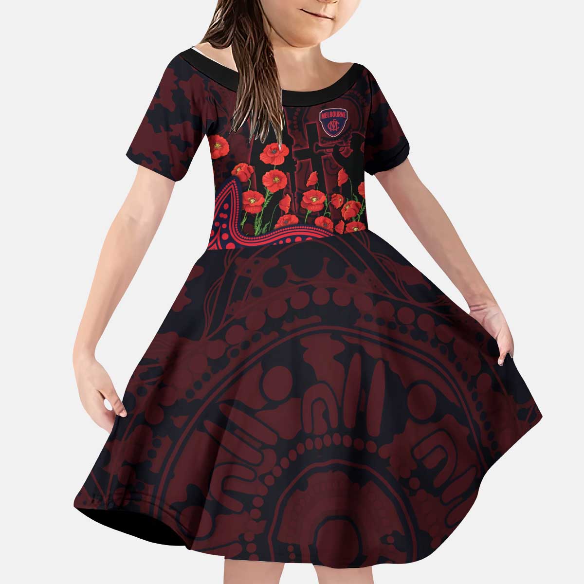 Melbourne Demons ANZAC Day Kid Short Sleeve Dress Indigenous Dot Art with Poppy Flower Tribute