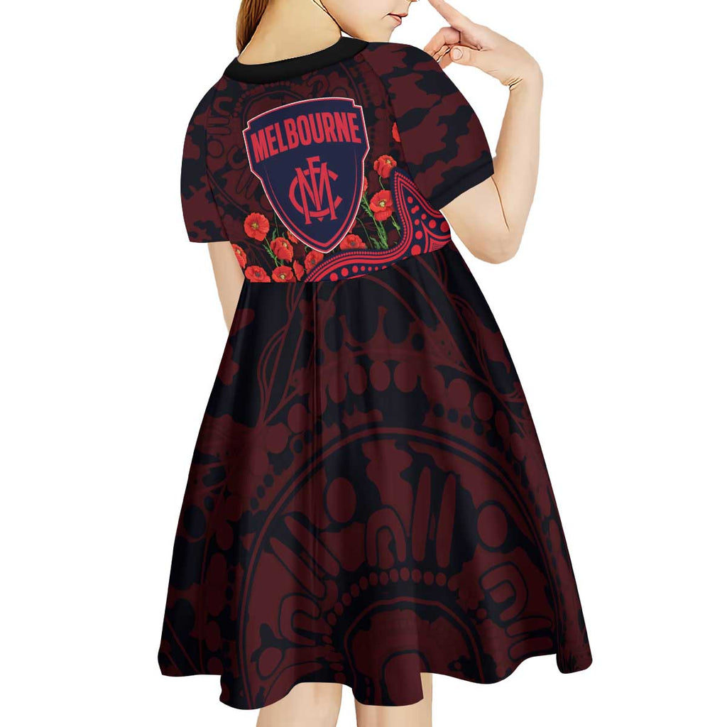 Melbourne Demons ANZAC Day Kid Short Sleeve Dress Indigenous Dot Art with Poppy Flower Tribute