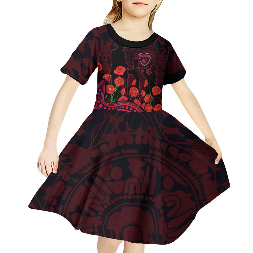 Melbourne Demons ANZAC Day Kid Short Sleeve Dress Indigenous Dot Art with Poppy Flower Tribute