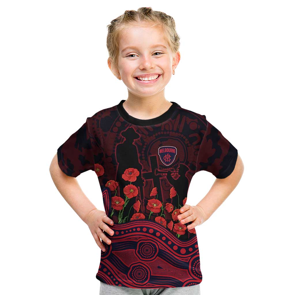 Melbourne Demons ANZAC Day Kid T Shirt Indigenous Dot Art with Poppy Flower Tribute