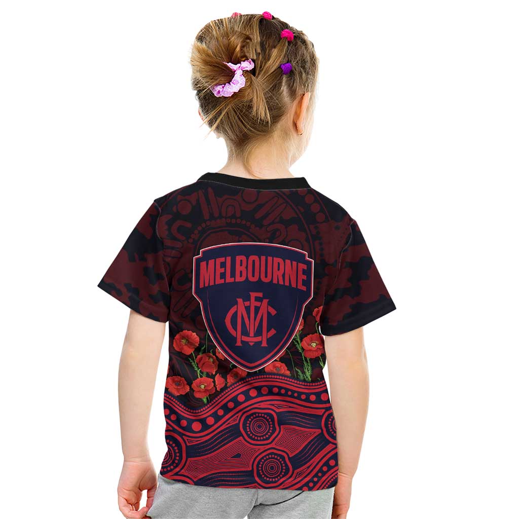 Melbourne Demons ANZAC Day Kid T Shirt Indigenous Dot Art with Poppy Flower Tribute
