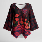 Melbourne Demons ANZAC Day Kimono Sleeve Blouse Indigenous Dot Art with Poppy Flower Tribute