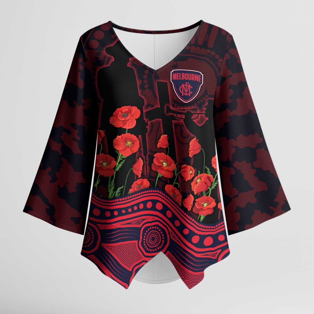 Melbourne Demons ANZAC Day Kimono Sleeve Blouse Indigenous Dot Art with Poppy Flower Tribute