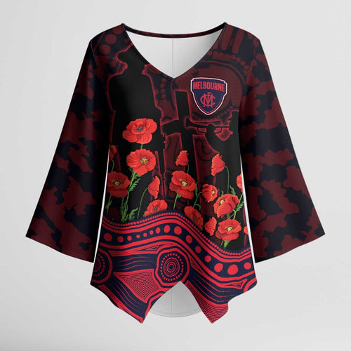 Melbourne Demons ANZAC Day Kimono Sleeve Blouse Indigenous Dot Art with Poppy Flower Tribute