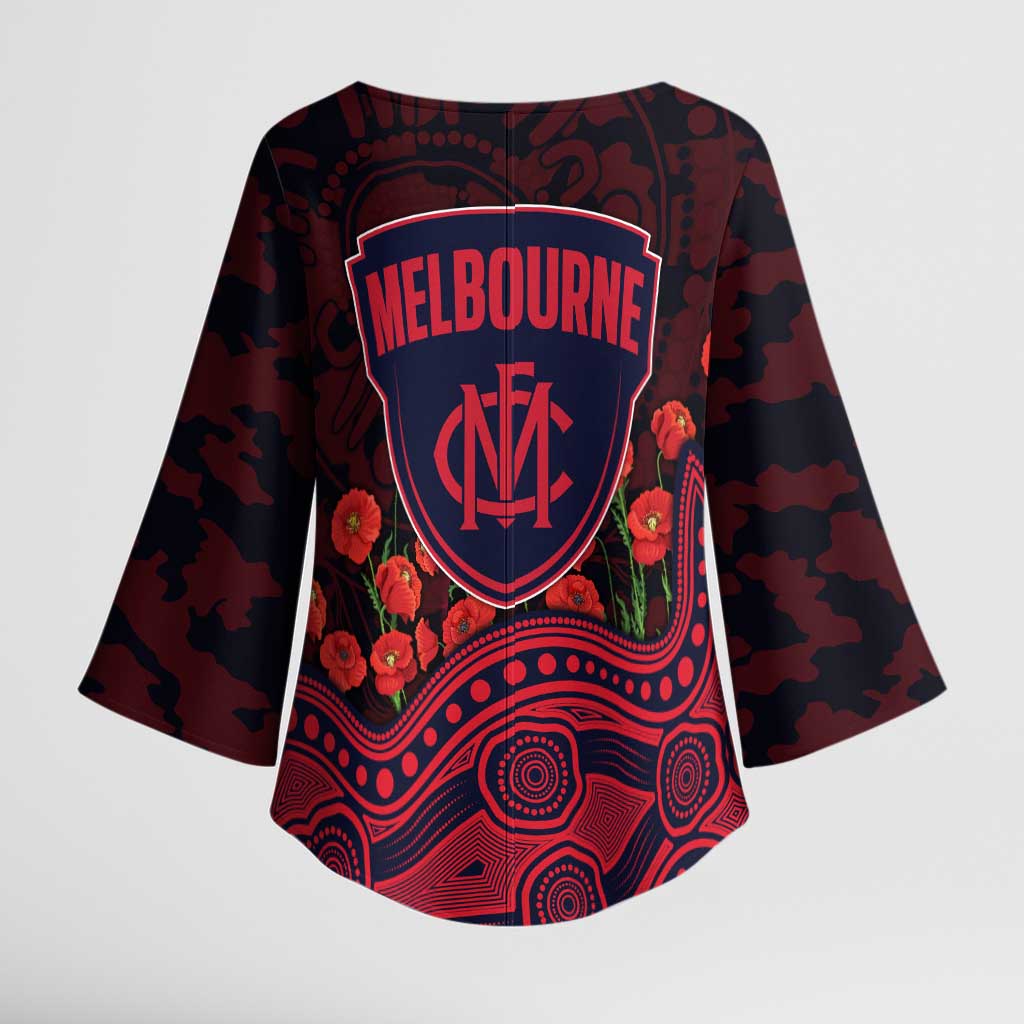 Melbourne Demons ANZAC Day Kimono Sleeve Blouse Indigenous Dot Art with Poppy Flower Tribute
