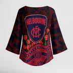 Melbourne Demons ANZAC Day Kimono Sleeve Blouse Indigenous Dot Art with Poppy Flower Tribute