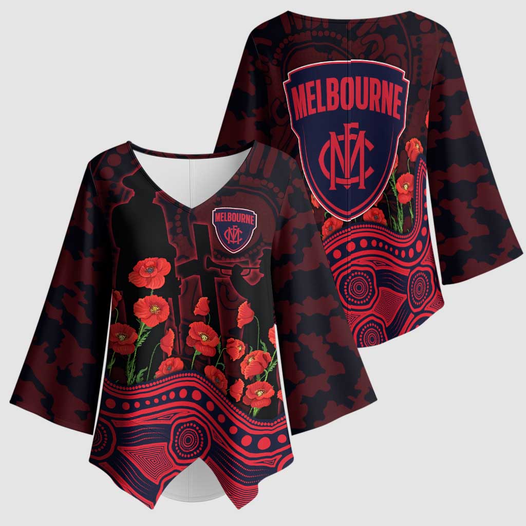 Melbourne Demons ANZAC Day Kimono Sleeve Blouse Indigenous Dot Art with Poppy Flower Tribute