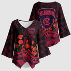 Melbourne Demons ANZAC Day Kimono Sleeve Blouse Indigenous Dot Art with Poppy Flower Tribute